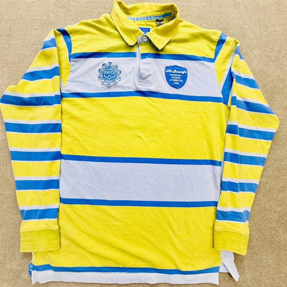 Vtg Enyce Clothing Co. Long Sleeve Rugby Shirt Mens XL Yellow Gray Blue Striped